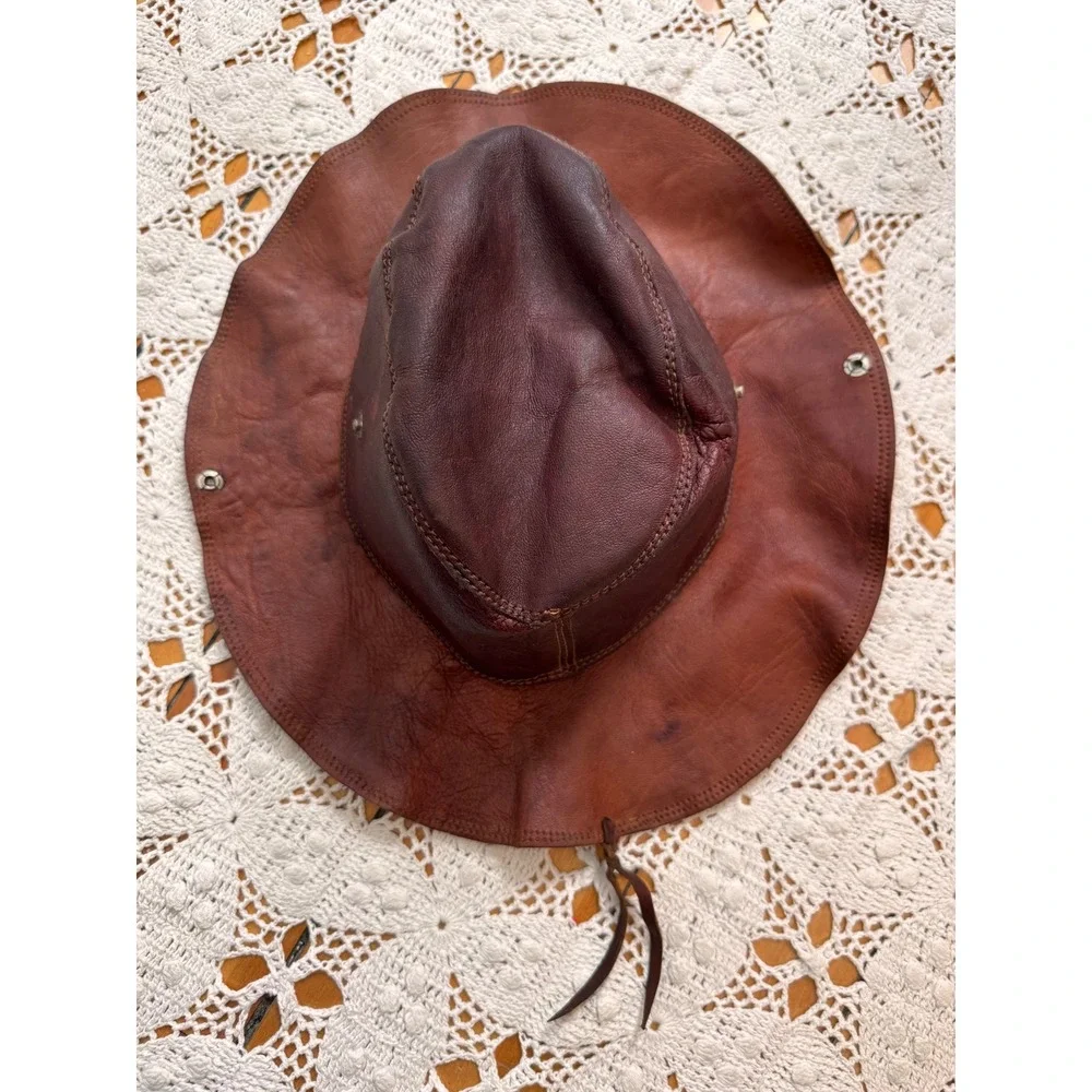 Vintage‎ 70's Brown Leather Rancher Hat Snap Up Brim Western Cowboy S